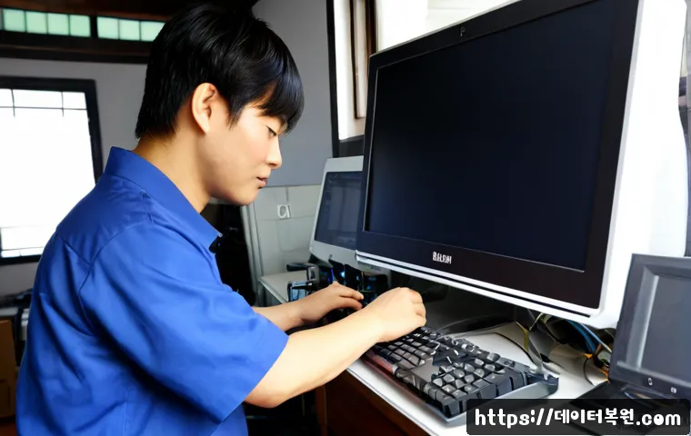 통의동 아이맥 판매 및 수리 - Photorealistic premium computer repair studio in Tongui-dong, Seoul, technician carefully servicing ...