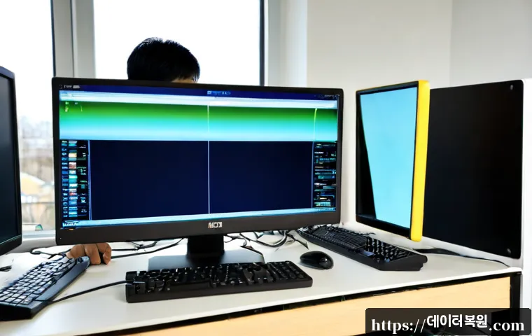 도내동 STATUS_KERNEL_HEAP_CORRUPTION - Photorealistic IT support workstation in a quiet suburban office near low-rise residential blocks, d...