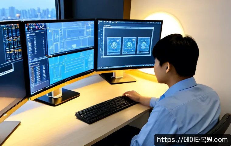 용산구 STATUS_INVALID_LOCK_SEQUENCE - Photorealistic IT support workstation in Yongsan, Seoul, dual monitors showing a clean unlabeled 3D ...