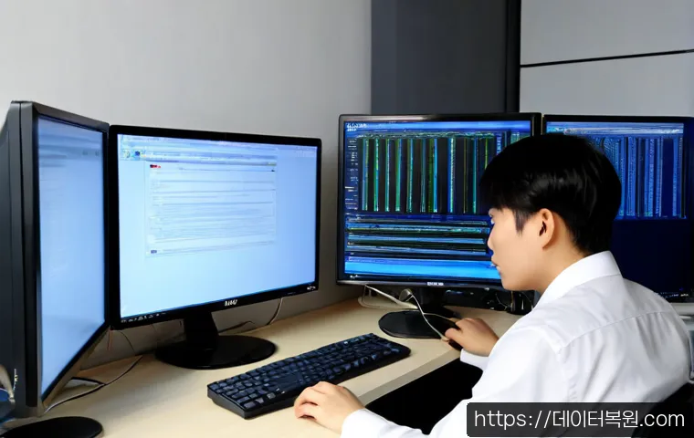 신계동 KMODE_EXCEPTION_NOT_HANDLED - Photorealistic IT support workstation in a compact modern Korean office, desktop monitor showing a b...