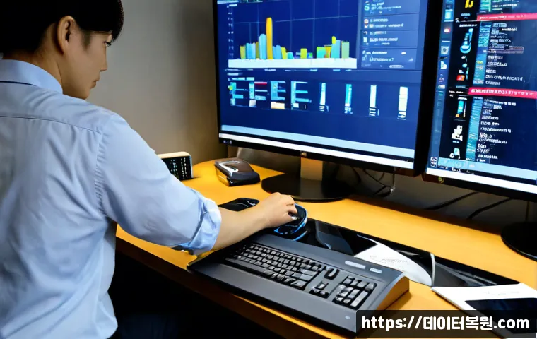 일직동 STATUS_DISK_NOT_INITIALIZED - Photorealistic IT support workstation in a modern office near a Korean high-speed rail district, tec...