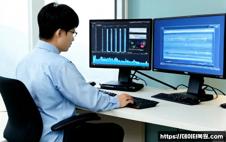 우면동 STATUS_KERNEL_THREAD_FAILURE - Photorealistic IT support workstation in a quiet hillside office near Umyeon-dong, dual monitors sho...