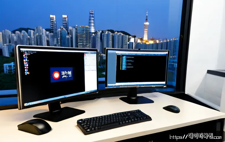 덕양구 STATUS_PROTECTION_ERROR - Photorealistic IT support workstation in a quiet Deogyang-gu apartment office, dual monitors display...