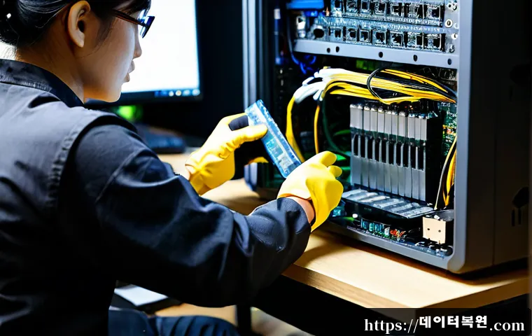 갈월동 SSD조립 및 교체수리 - Photorealistic computer repair bench in a compact Galwol-dong electronics workspace, technician wear...