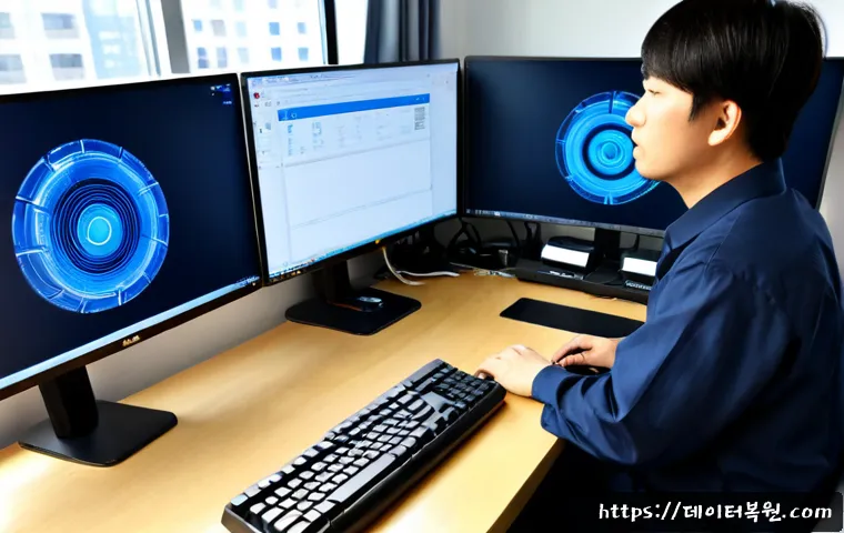 신정동 DRIVER_PORTION_MUST_BE_NONPAGED - Photorealistic IT support workstation in Sinjeong-dong, Seoul, dual monitors showing a clean abstrac...