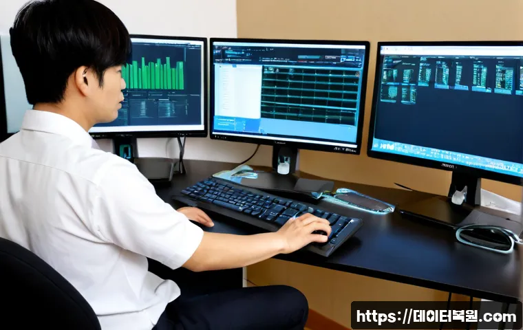 상암동 PFN_LIST_CORRUPT - Photorealistic IT support workstation in a sleek Sangam media district office, dual monitors showing...