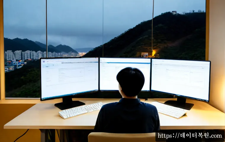 흑석동 SOFTWARE_EXCEPTION - Photorealistic software engineer at a dual-monitor workstation in a compact Heukseok-dong apartment ...
