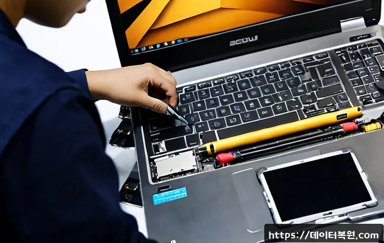 서교동 맥북프로 판매 및 수리 - Photorealistic laptop repair workshop in Seogyo-dong, Seoul, technician carefully replacing componen...