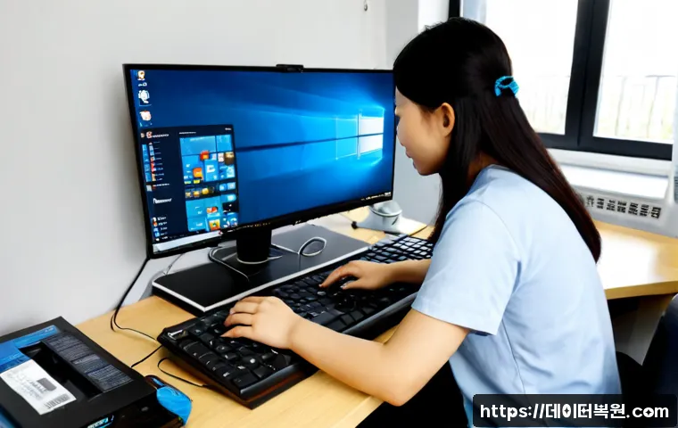 일산 윈도우8 windows8 재설치 포맷  초기화 - Photorealistic computer repair workstation in Ilsan Lake Park district, technician reinstalling an o...