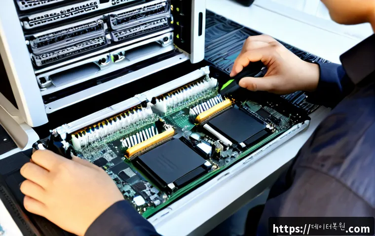 행당동 RAM조립 및 교체수리 - Photorealistic computer repair workstation in Haengdang-dong, technician carefully installing two ne...