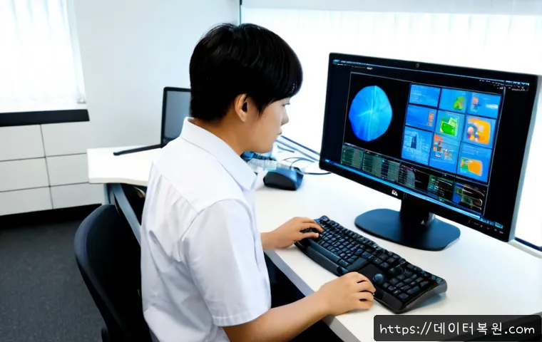화양동 STATUS_MEMORY_VIOLATION - Photorealistic IT support workstation in a compact modern office near a university neighborhood, dua...