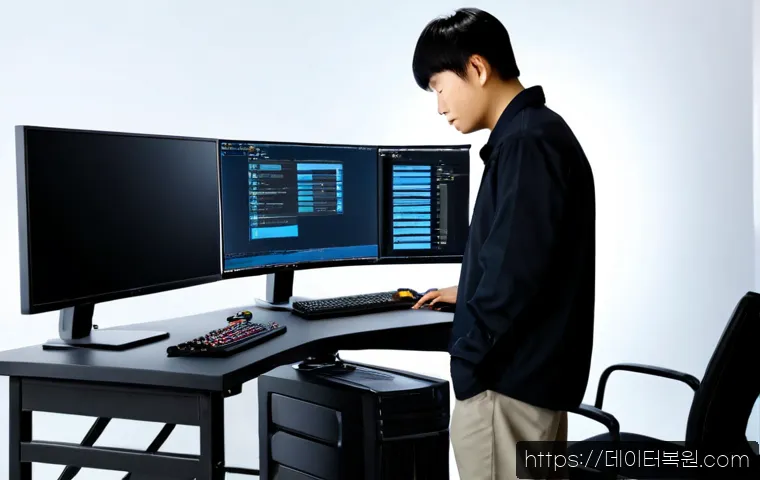 과해동 STATUS_KERNEL_MODULE_CORRUPTION - Photorealistic IT support workstation, dual monitors showing a clean text-free CAD assembly model wi...
