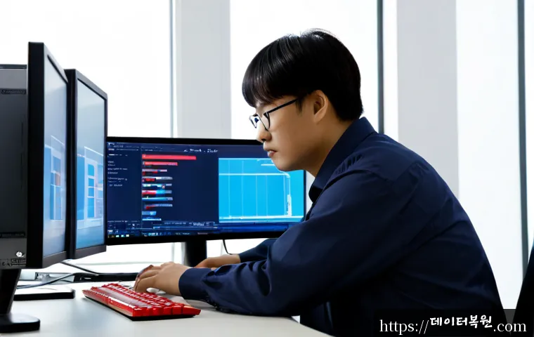 율현동 ATTEMPTED_EXECUTE_OF_NOEXECUTE_MEMORY - Photorealistic IT support workstation in a modern Yulhyeon-dong office, engineer studying a desktop ...