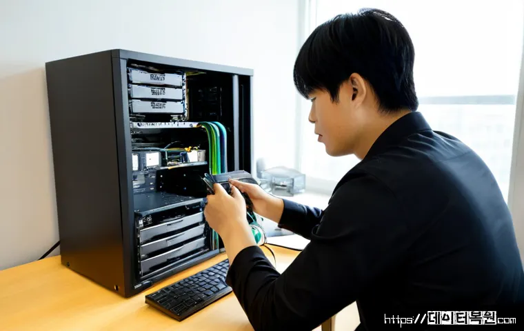 일산 pc복구중 - Photorealistic PC recovery workstation in a clean Ilsan apartment office, technician carefully recon...