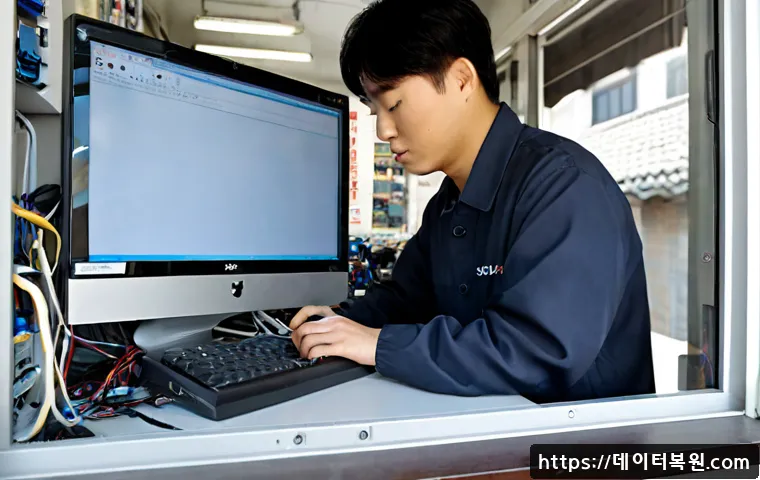 토정동 아이맥 판매 및 수리 - Photorealistic computer repair workshop in a compact neighborhood storefront, technician carefully r...