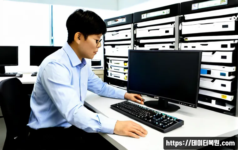 합동 파일서버출장방문수리점 - Photorealistic onsite file server repair inside a compact Gangnam design studio, technician connecti...