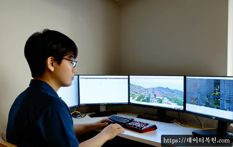 청운동 STATUS_MEMORY_OVERFLOW - Photorealistic remote-support workstation in a quiet hillside Seoul neighborhood apartment, dual mon...