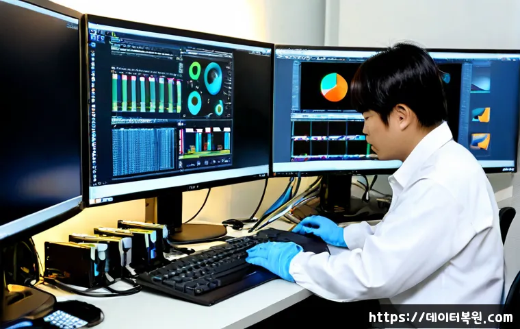 가산동 STATUS_DISK_READ_FAILURE - Photorealistic IT support workstation in a Gasan-dong digital industrial office, desktop computer op...