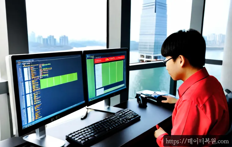 여의도 STATUS_KERNEL_REGISTRY_ERROR - Photorealistic IT support workstation in a high-rise office overlooking the Han River and Yeouido fi...