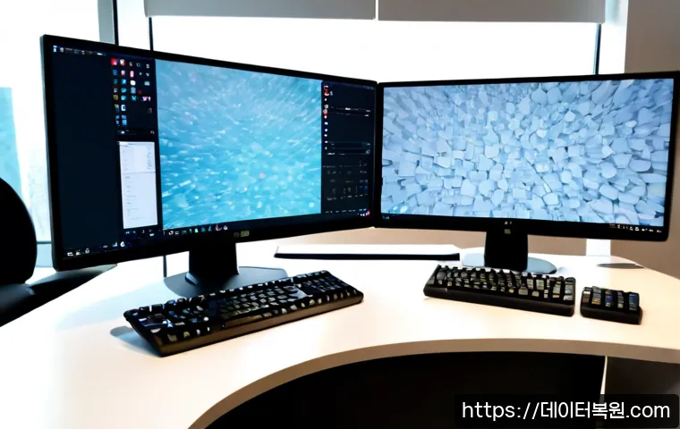 신사동 STATUS_STACK_UNDERFLOW - Photorealistic premium workstation in a quiet Sinsa-dong design studio, dual monitors showing abstra...