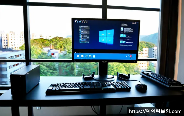 도화동 블루스크린 - Photorealistic IT support workstation in a compact Dohwa-dong office, dual monitors with one glowing...