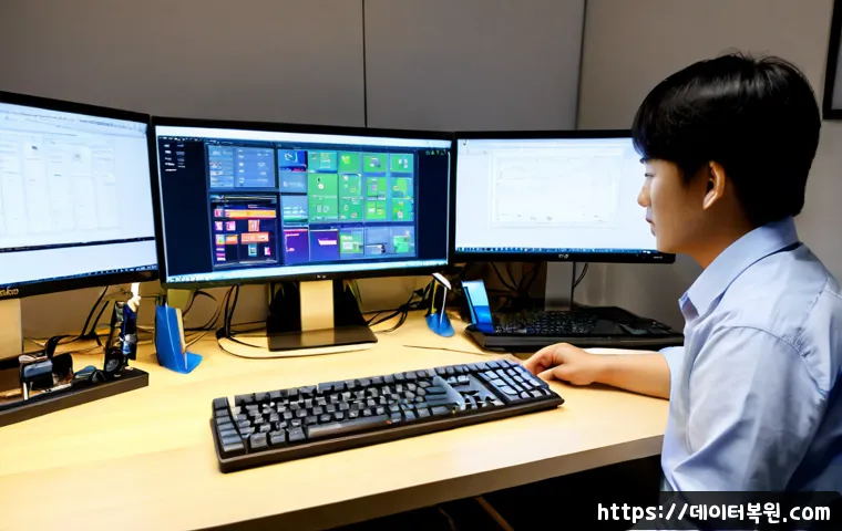 미근동 DRIVER_PORTION_MUST_BE_NONPAGED - Photorealistic IT support workstation in a compact Migeun-dong office, dual monitors showing a clean...