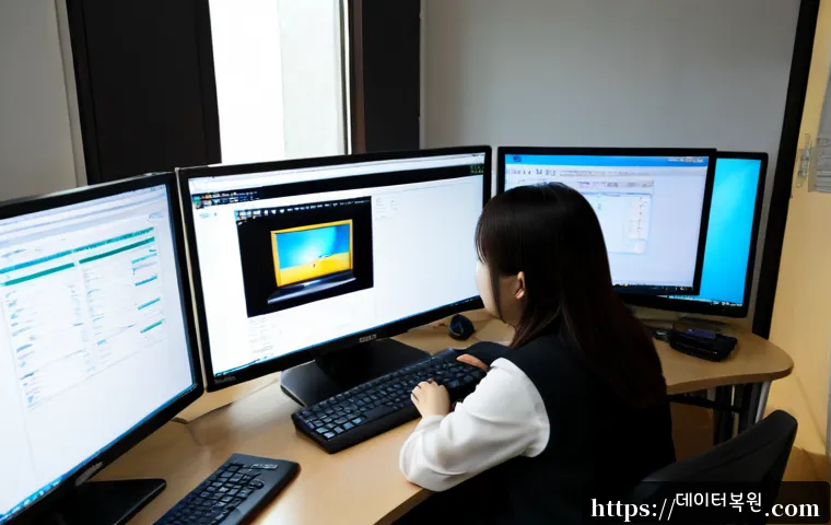 우면동 공장초기화복구 - Photorealistic IT recovery workstation in a quiet Umyeon-dong office, technician restoring a factory...