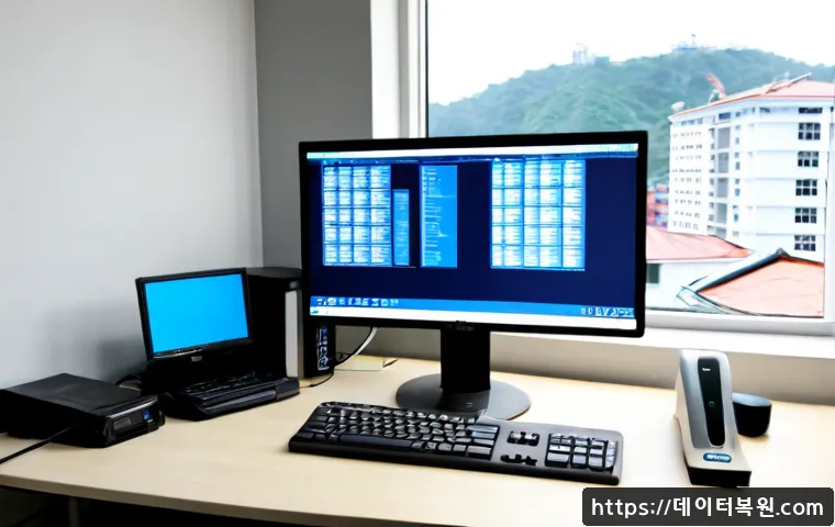 휘경동 KERNEL_DATA_INPAGE_ERROR - Photorealistic IT support workstation in a compact apartment office, dual monitors with a blank blue...