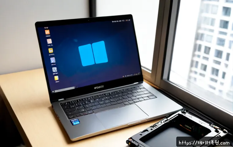 난곡동 노트북 laptop 출장방문수리점 - Photorealistic on-site laptop repair in a compact Nanggok-dong apartment workspace, technician repla...