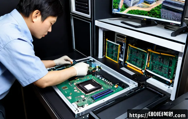 대치동 그래픽카드조립 및 교체수리 - Photorealistic high-end workstation repair scene in Daechi-dong, technician carefully installing a p...