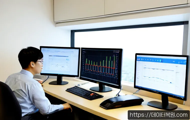 인의동 STATUS_KERNEL_MEMORY_LEAK - Photorealistic IT support workstation in a compact Inui-dong office, dual monitors showing abstract ...