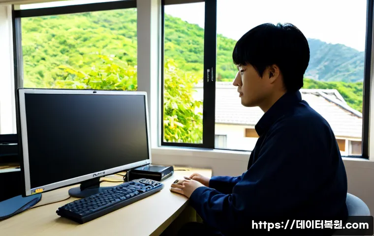 체부동 공장초기화복구 - Photorealistic remote-support workstation in a compact Chebu-dong office, technician restoring a des...