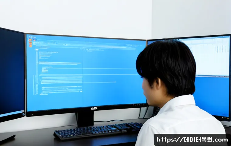 초동 STATUS_DATATYPE_MISALIGNMENT - Photorealistic IT support workstation, a technician studying an abstract blue-screen error visualiza...