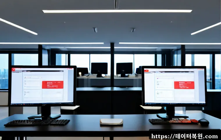 마곡동 REGISTRY_ERROR - Photorealistic IT support workstation in a modern Magok-dong office tower, dual monitors showing an ...