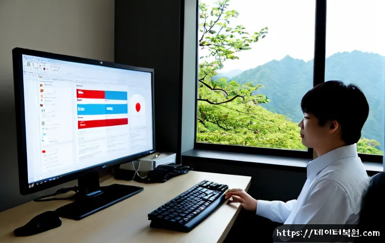 우면동 STATUS_STACK_UNDERFLOW - Photorealistic IT support workstation in a quiet Seoul foothill office, dual monitors showing a comp...