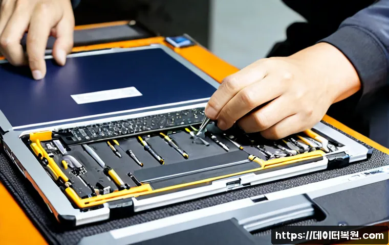 청구동 맥북에어 판매 및 수리 - Photorealistic repair workshop in Chunggu-dong, Seoul, technician carefully replacing components ins...