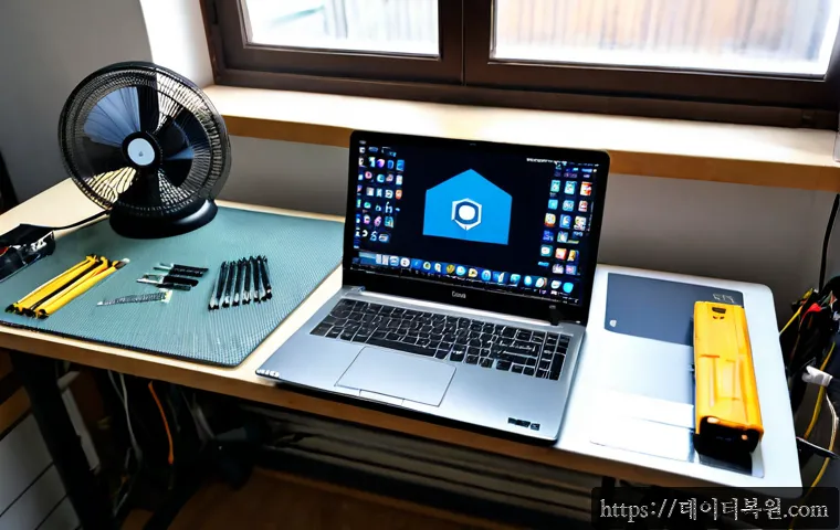주성동 맥북에어 판매 및 수리 - Photorealistic laptop repair bench in a quiet Juseong-dong neighborhood electronics studio, ultra-th...