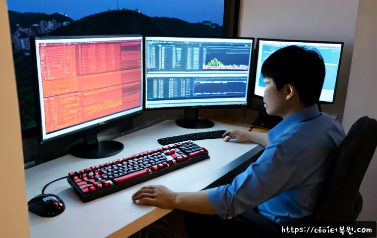 사당동 STATUS_STACK_UNDERFLOW - Photorealistic IT support workstation in a compact Sadang-dong apartment office, dual monitors showi...