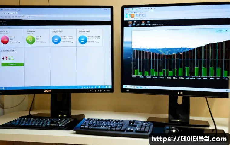 탄벌동 자동복구 - Photorealistic IT support workstation in a quiet Korean apartment office, dual monitors showing a cl...