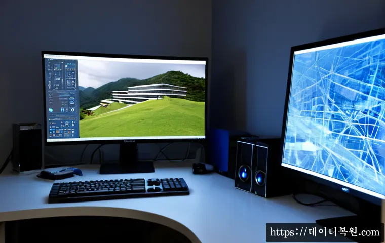 신교동 STATUS_SYSTEM_PROCESS_TERMINATED - Photorealistic architectural CAD workstation in a quiet hillside studio near an old urban park, dual...