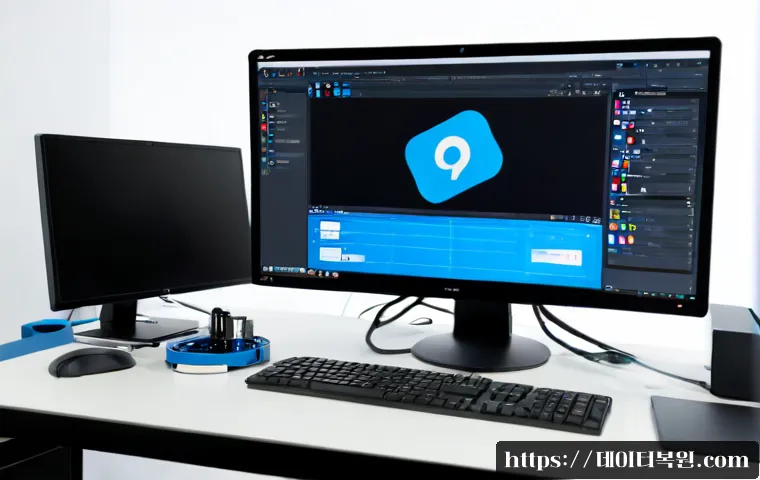 충무로 윈도우8 windows8 재설치 포맷  초기화 - Photorealistic IT support workstation in a compact Chungmuro print-design studio, desktop monitor sh...