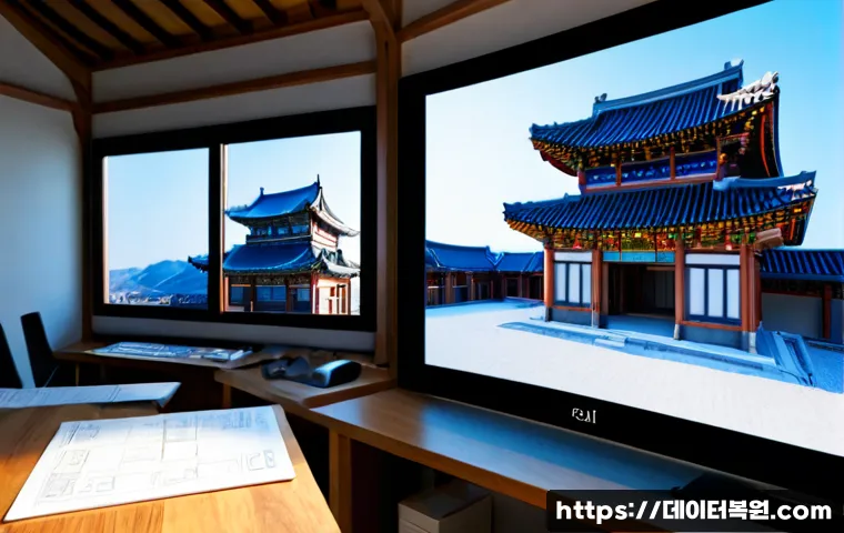 사간동 STATUS_KERNEL_MODULE_FAILURE - Photorealistic architectural visualization workstation in a quiet Sagandong studio, dual monitors sh...