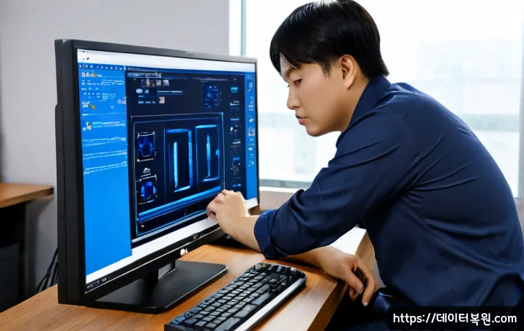 필동 BAD_SYSTEM_CONFIG_INFO - Photorealistic IT support workstation in a compact Pil-dong office, technician examining a desktop t...