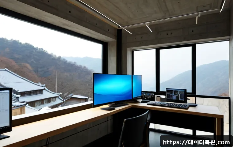 예장동 STATUS_FLOAT_OVERFLOW - Photorealistic software design workstation in a compact Yejang-dong studio, dual widescreen monitors...