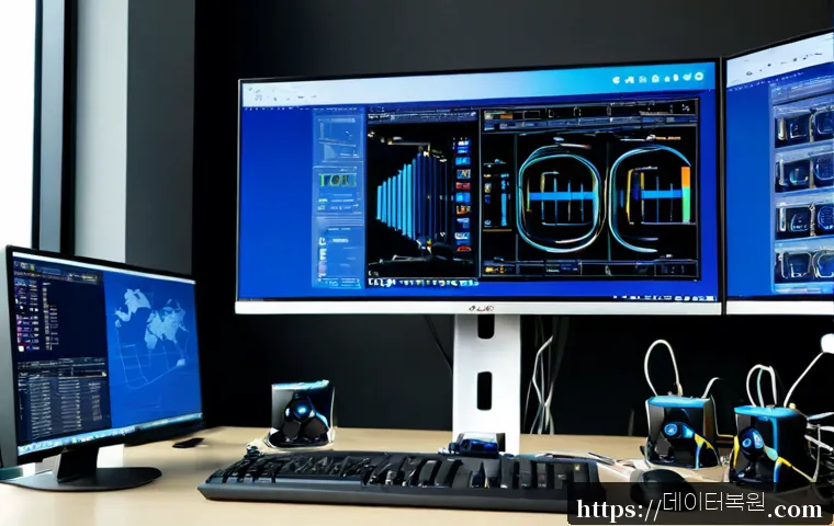 무교동 UNEXPECTED_KERNEL_MODE_TRAP - Photorealistic IT support workstation in a modern Mugo-dong office tower, dual monitors showing a te...