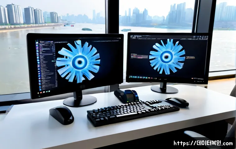 잠원동 DRIVER_CAUSED_SYSTEM_CRASH - Photorealistic IT support workstation in a sleek Jamwon-dong riverside apartment office, dual monito...