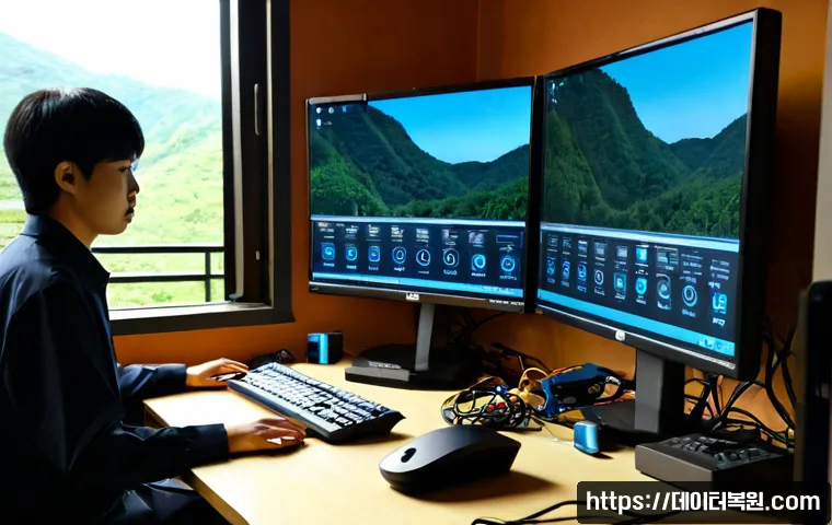 산황동 STATUS_KERNEL_BOOT_FAILURE - Photorealistic remote IT support workstation in a compact apartment near a quiet wooded Korean hills...