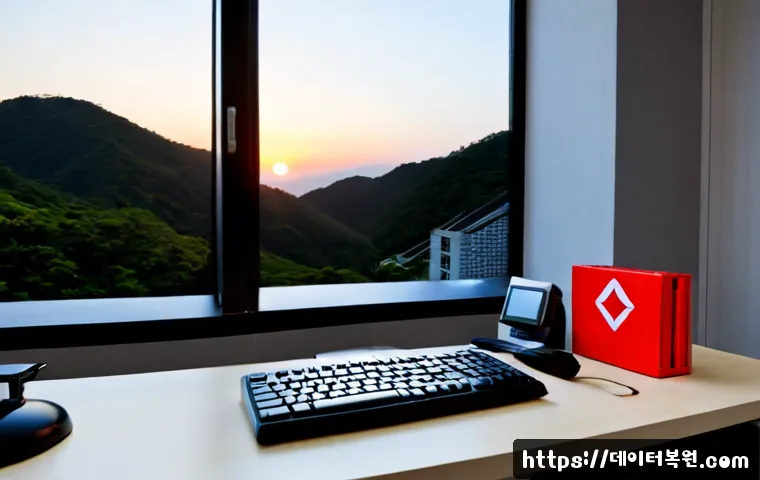 은천동 STATUS_DISK_READ_FAILURE - Photorealistic IT support workstation in a compact hillside apartment office, desktop tower opened b...