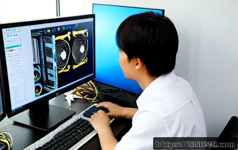 거여동 HARDWARE_INTERRUPT_STORM - Photorealistic IT support workstation in a compact Geoyeo-dong office, desktop tower open beside a c...