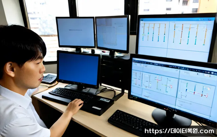 서림동 네트워크구축 설정 및 세팅오류해결 - Photorealistic IT technician configuring a compact office network workstation, dual monitors showing...